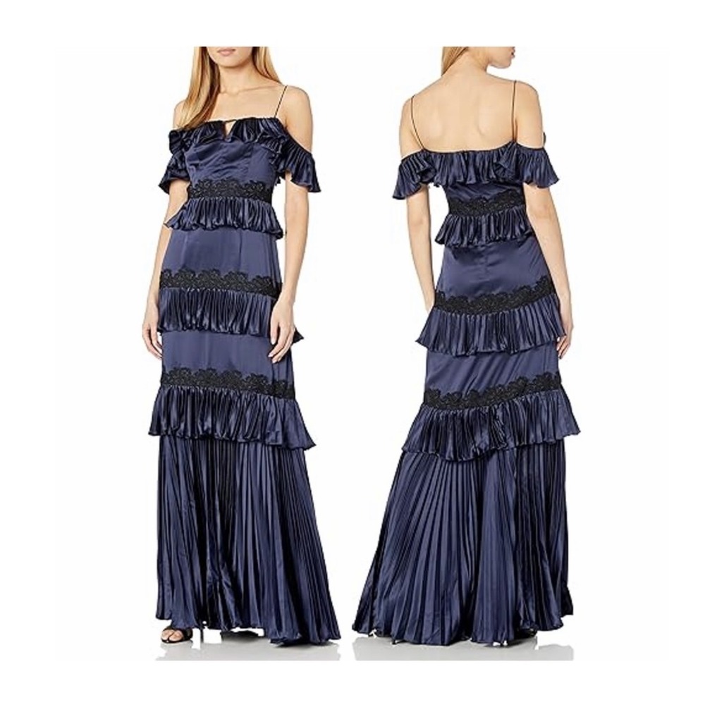 Amur Navy Blue Tiered Off Shoulder Long Gown Womens 0 Formal Regal Prom Event